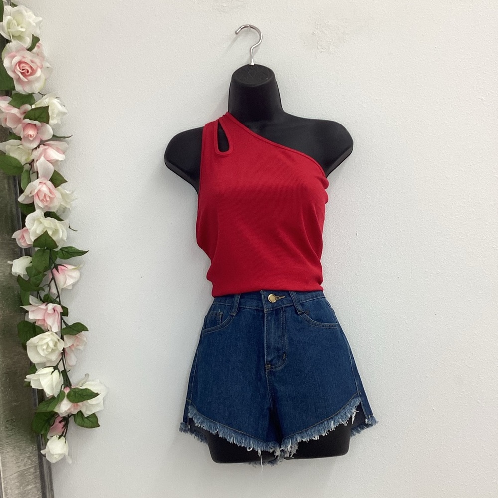 Double strap red ribbed one shoulder tank top